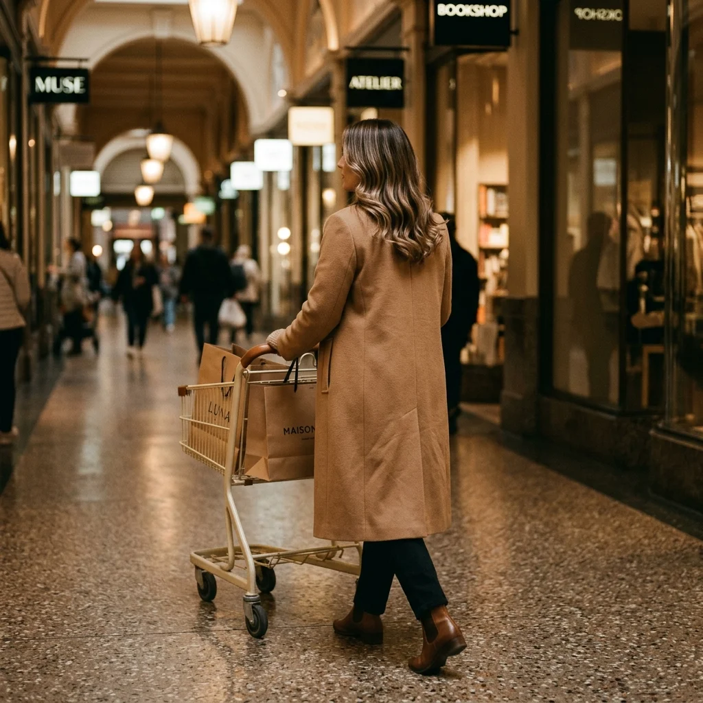 Powrót - elegancka kobieta z nową fryzurą w wózkiem w pasażu handlowym